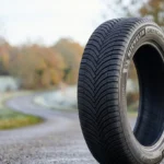 Michelin CrossClimate 2 photographié de profil sur route en automne, sculpture directionnelle en V et marquage 3PMSF visibles sur le flanc
