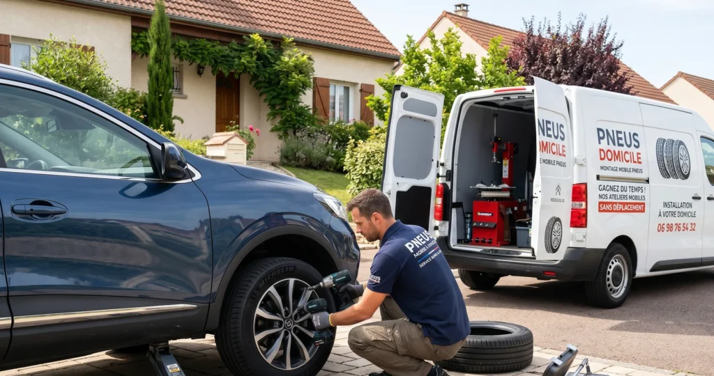 Technicien réalisant un montage de pneus à domicile avec démonte-pneu et équilibreuse embarqués dans un camion atelier mobile