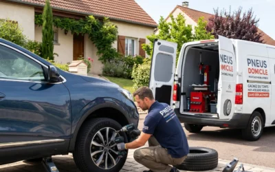 Technicien réalisant un montage de pneus à domicile avec démonte-pneu et équilibreuse embarqués dans un camion atelier mobile