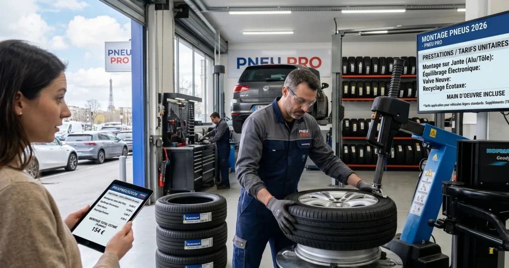 Mécanicien montant un pneu Michelin sur jante alliage dans un atelier PNEU PRO, écran affichant les tarifs de montage 2026