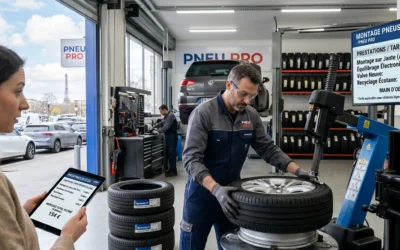 Mécanicien montant un pneu Michelin sur jante alliage dans un atelier PNEU PRO, écran affichant les tarifs de montage 2026
