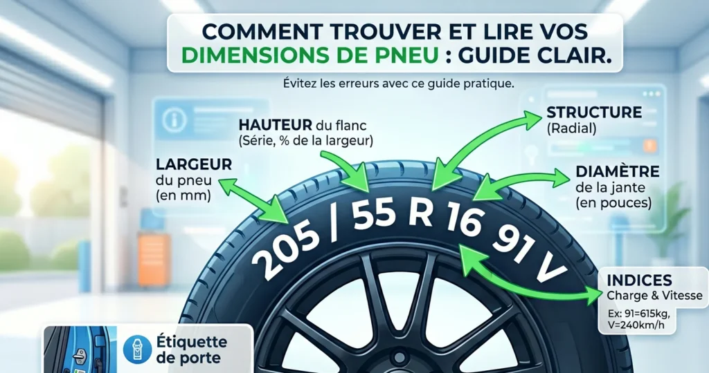Marquages dimension d un pneu sur le flanc — largeur, hauteur, diamètre de jante et indices de charge et de vitesse